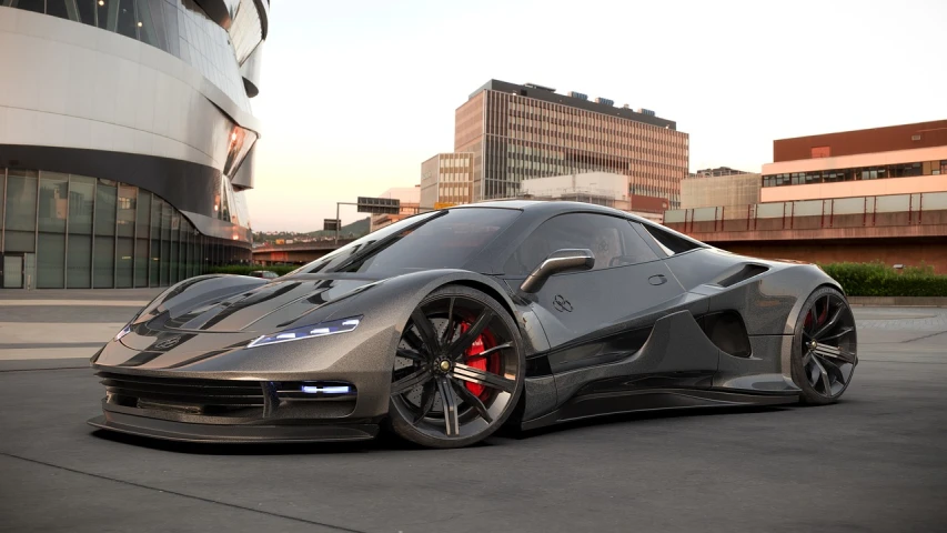 a silver sports car parked in front of a building, a 3D render, inspired by Darek Zabrocki, hq 4k phone wallpaper, veneno, black car, de tomaso