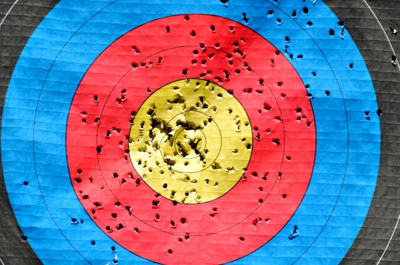 a red and blue target with bullet holes on it, by Erwin Bowien, flickr, hunting bisons, round-cropped, training, performance