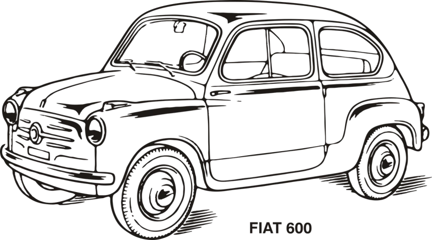 a black and white drawing of a small car, lineart, by Leo Goetz, trending on pixabay, pop art, on a flat color black background, italy, brown, 600mm