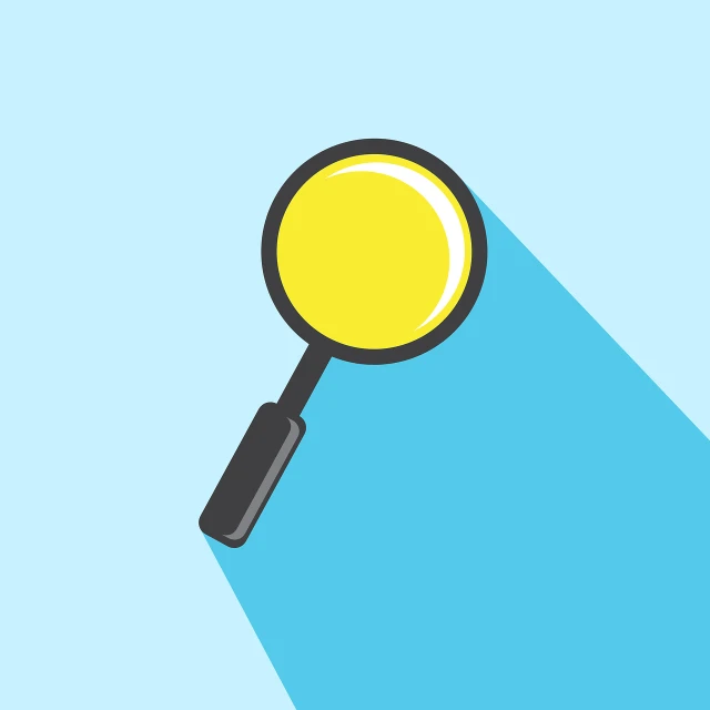 a magnifying glass with a long shadow on a blue background, an illustration of, minimalism, yellow background beam, simple 2d flat design, clipart, on a pale background