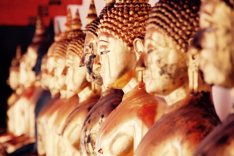 a row of buddha statues sitting next to each other, a statue, golden face tattoos, shot with premium dslr camera, tears, travel