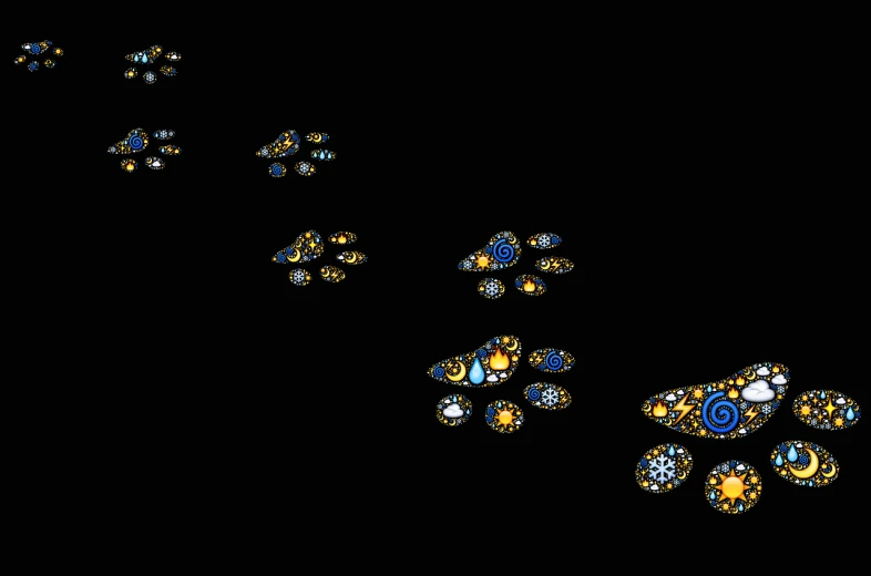 a group of blue and yellow flowers on a black background, inspired by Yahoo Kusama, reddit, generative art, lighting path traced, many small stones, golden twilight stained glass, microscopic view