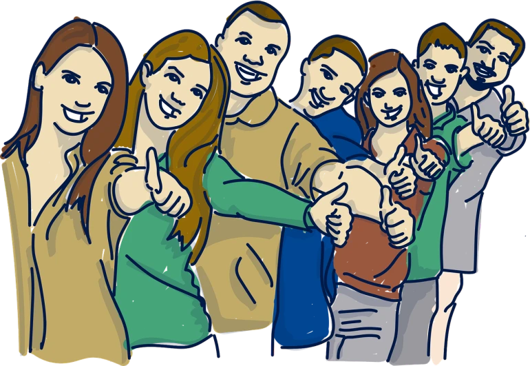 a group of people giving thumbs up, a digital rendering, by Harry Beckhoff, flickr, art brut, teenager, banner, family photo, thick thick thick outlines