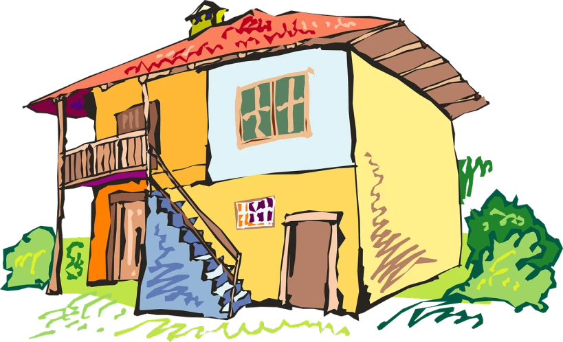 a drawing of a yellow house with a red roof, a digital painting, by Ramón Silva, pixabay, inside house in village, !!! very coherent!!! vector art, sao paulo, tavern
