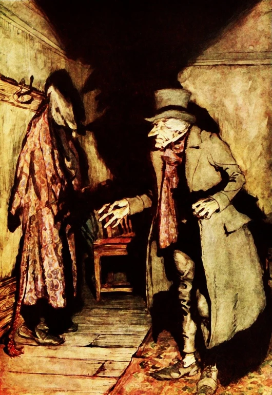 a painting of two people standing next to each other, by John French Sloan, flickr, tonalism, plague doctor, style of jean baptiste monge, detail, goblin