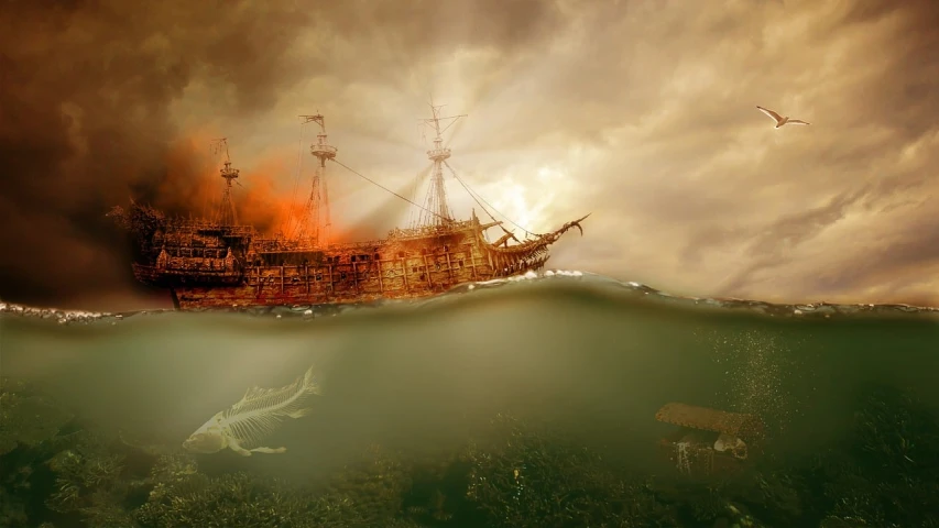 a ship on fire in the middle of the ocean, a digital rendering, fine art, skeletons on a pirate ship, damaged photo, partly underwater, enhanced photo