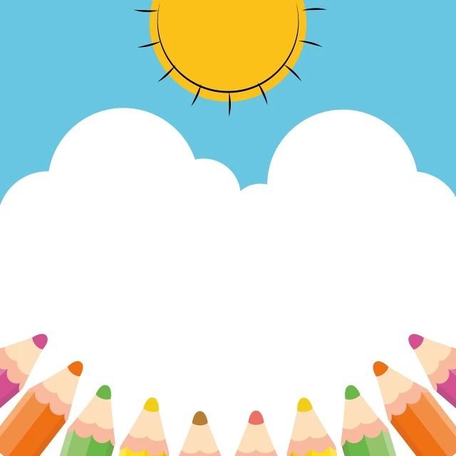 a group of colored pencils with a sun in the background, by Nishida Shun'ei, sunbathing. illustration, clear summer sky background, white cloud, card template