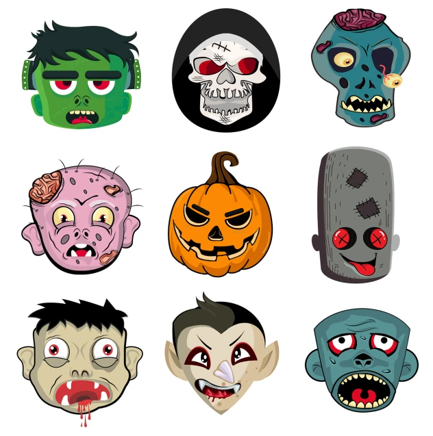 a bunch of cartoon faces on a white background, vector art, digital art, beautiful zombie, fantasy sticker illustration, halloween scene, full color illustration