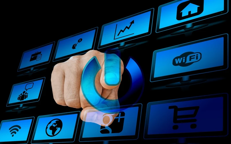 a close up of a person pressing a button on a keyboard, a digital rendering, by Julian Allen, pixabay, infographics. logo. blue, digital screens on the walls, integrating with technology!!, point finger with ring on it