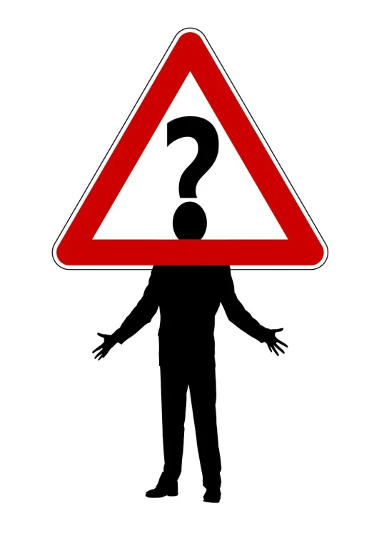 a man standing in front of a sign with a question mark on it, by Joseph Bowler, pixabay, traffic signs, white bg, mystery horror, logo without text