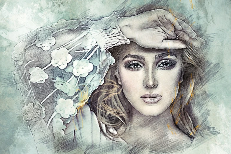a drawing of a woman with a veil on her head, a digital painting, digital art, watercolor style, close up of a blonde woman, beautiful, above view