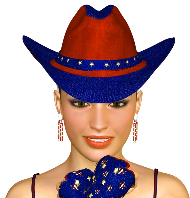 a woman wearing a red, white and blue cowboy hat, a digital rendering, by Melissa A. Benson, trending on cg society, blue gloves, modeled in poser, bling, 2 0 0 2