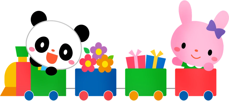 a couple of animals riding on top of a train, a digital rendering, by Emma Ríos, pixabay contest winner, toyism, flowers!!!!, cute panda, birthday wrapped presents, website banner