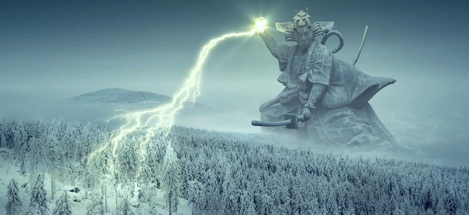 a man riding on the back of a horse in the snow, a matte painting, inspired by Mike Winkelmann, fantasy art, japanese lightning goddess, sculpture of moloch, he is casting a lighting spell, thors hammer