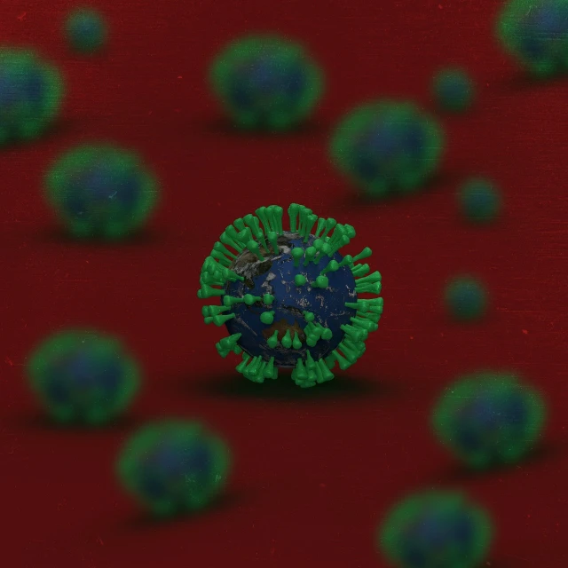 a blue and green corona corona on a red background, a microscopic photo, hurufiyya, antibodies, on a mini world, cover with blood, mid shot photo
