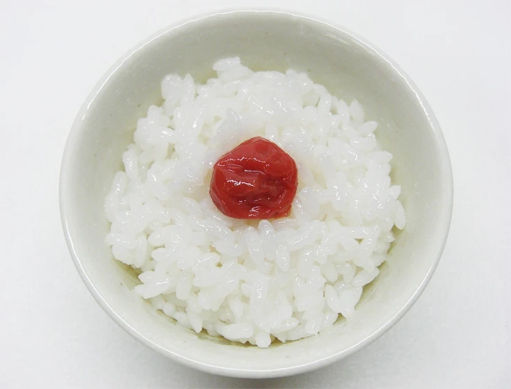 a white bowl filled with rice and ketchup, by Riusuke Fukahori, flickr, sōsaku hanga, there is one cherry, resin coated, super realistic food picture, sougetsu