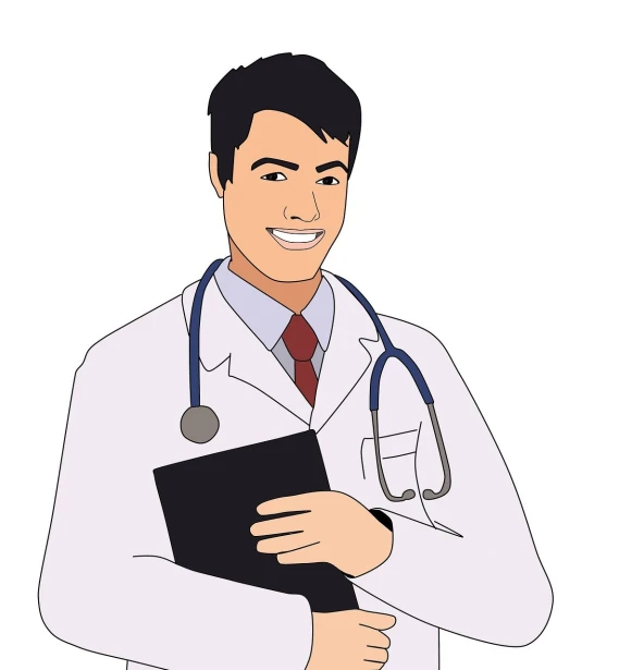 a male doctor holding a clipboard and a stethoscope, an illustration of, academic art, portrait illustration, in simple background, wearing lab coat and a blouse, holding a book