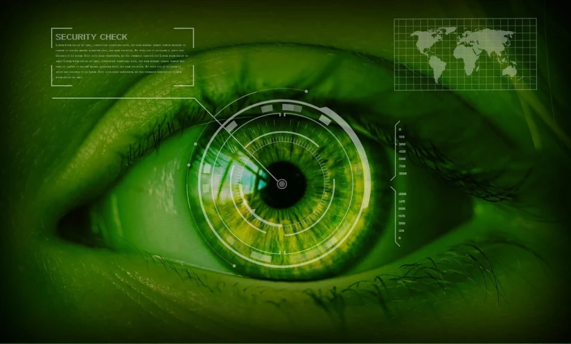 a close up of a person's eye with a map in the background, a picture, shutterstock, holography, green matrix code, eye white). full body realistic, pc screen image, ¯_(ツ)_/¯