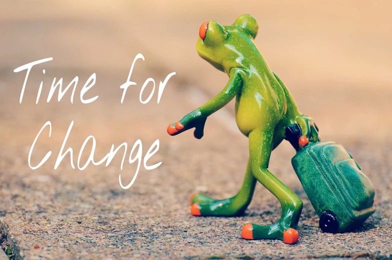 a frog figurine with a suitcase and the words time for change, a picture, trending on pixabay, graffiti, website banner, asking for change, 😃😀😄☺🙃😉😗, photo for magazine