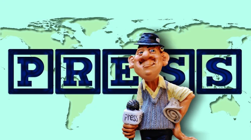 a statue of a man holding a microphone in front of a world map, a digital rendering, by Arnie Swekel, private press, reef, tv!, newspaper, header with logo