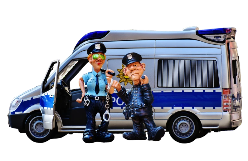 a couple of figurines standing next to a van, a cartoon, by Zoran Mušič, pixabay, conceptual art, police officers, puppet, arrested, watch photo