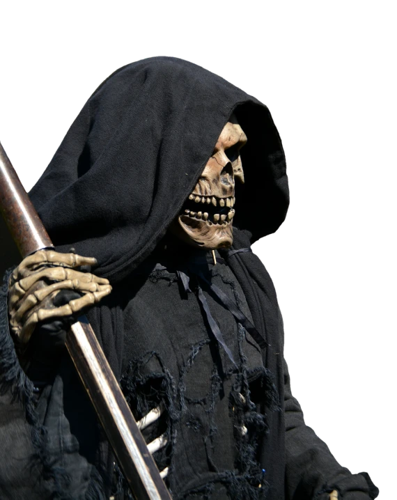 a skeleton dressed in black holding a baseball bat, shutterstock, hooded, rick baker, set photo, closeup photo