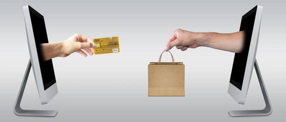 a person holding a credit card in front of a computer, pixabay, art nouveau, bag, on textured base; store website, inspect in inventory image, on a yellow paper