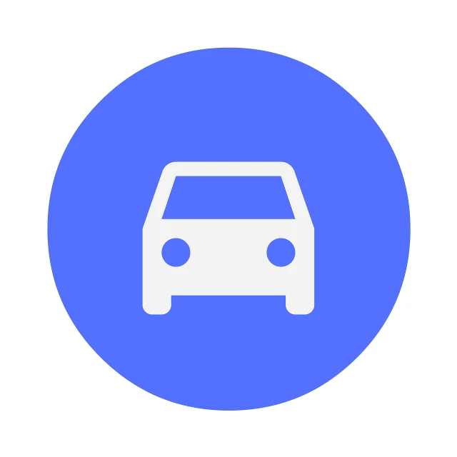 a white car in a blue circle, pictogram, vertically flat head, white background and fill, material design