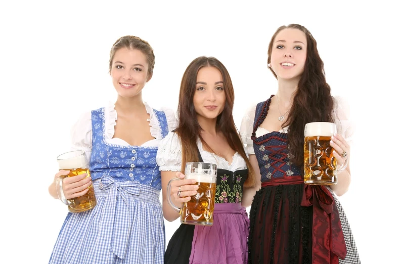 three women in dir dir dir dir dir dir dir dir dir dir dir dir dir dir dir dir dir dir dir dir dir dir, a picture, by Jakob Gauermann, shutterstock, renaissance, octoberfest, on white, beer in hand, studio photo