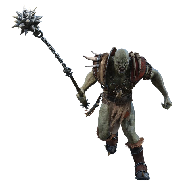 a close up of a person holding a weapon, by Harold von Schmidt, featured on zbrush central, green orc female, holding a giant flail, mcfarlane, on clear background