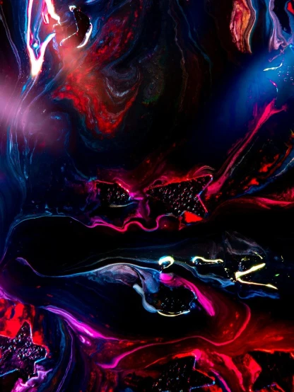 a close up of a colorful painting on a black background, digital art, lyrical abstraction, red glowing veins, 8 k uhd artwork, abstract claymation, splashes of neon galaxies