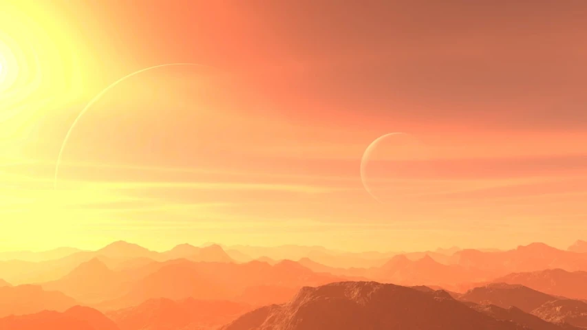 a view of a planet in the distance with mountains in the foreground, trending on cg society, space art, orange yellow ethereal, two moons, vertical wallpaper, the sky is a faint misty red hue