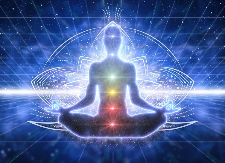 a person sitting in the middle of a meditation pose, a hologram, by Jeanna bauck, shutterstock, metaphysical painting, chakra diagram, esoteric equation heaven, full length shot, stock photo