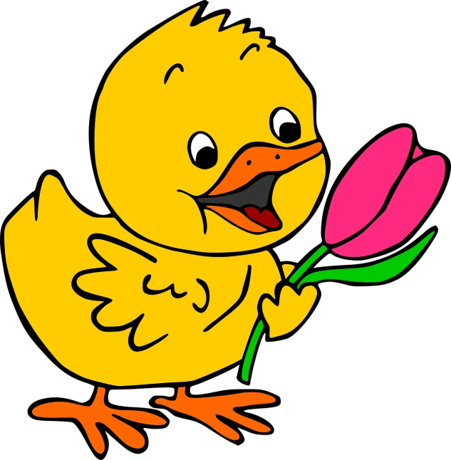 a yellow duck with a pink flower in its beak, a picture, 😃😀😄☺🙃😉😗, with a black background, holding a flower, clipart