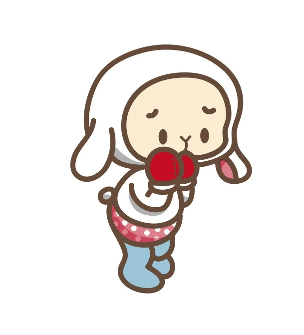 a cartoon girl with an apple in her mouth, a cartoon, sōsaku hanga, wearing a bunny suit, cartoonish vector style, red and white color theme, lop eared