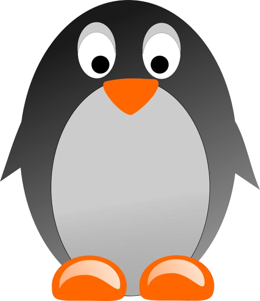 a black and white penguin with orange feet, a cartoon, pixabay, computer art, black hair and large eyes, swarovski, a super-smart, istock