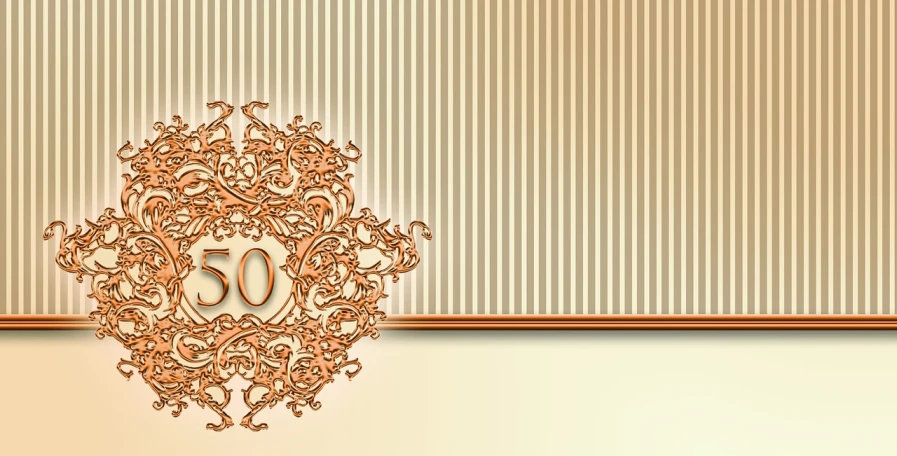 a golden anniversary card with the number 50 on it, a digital rendering, baroque, orange skin. intricate, website banner, art deco stripe pattern, 1860