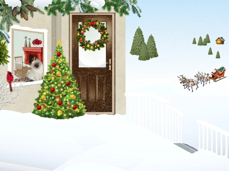 a dog looking out a window at a christmas tree, a digital rendering, naive art, about to enter doorframe, a cat, けもの, front photo