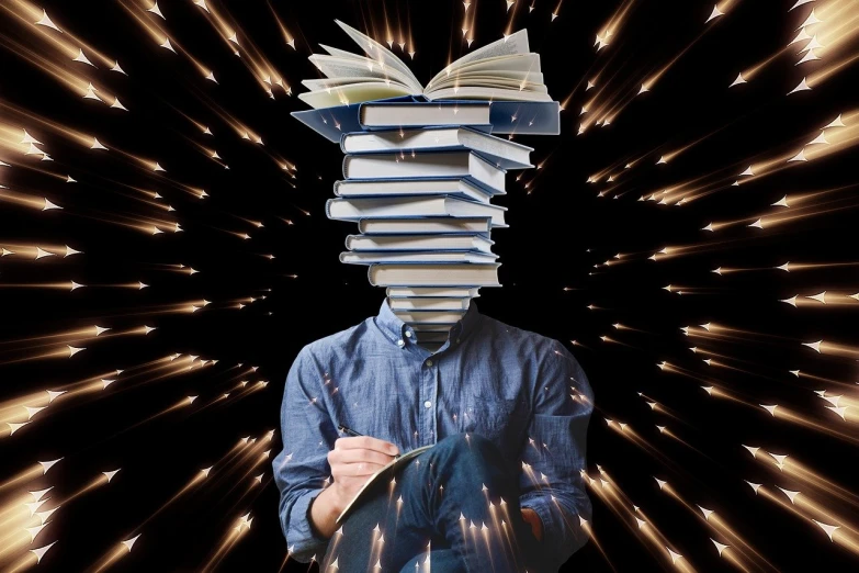 a man with a stack of books on his head, a portrait, digital art, lit from below, late night melancholic photo, reading engineering book, overwhelming