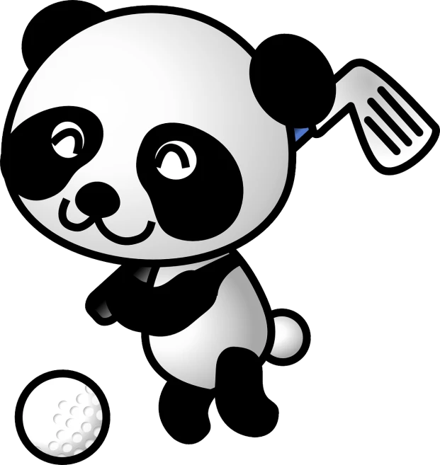 a black and white panda bear playing golf, a digital rendering, pixabay, sōsaku hanga, chibi, ( 3 1, “portrait of a cartoon animal, girl