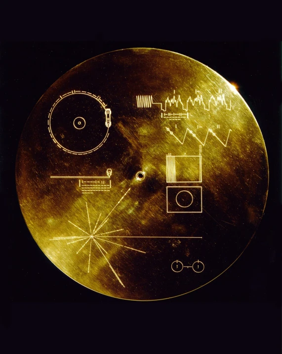 a gold plate with a drawing on it, an album cover, flickr, dada, solar system, radio signals, award-winning”, grain”