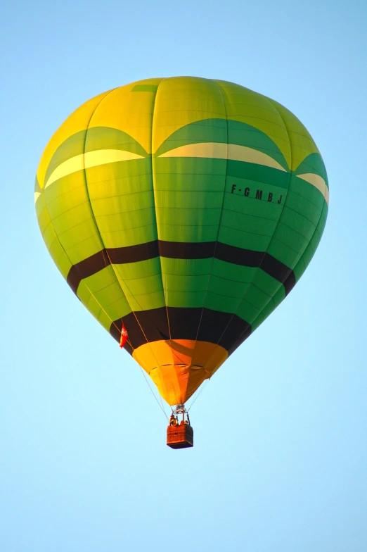 a green and yellow hot air balloon flying in the sky, a picture, by Jim Nelson, flickr, figuration libre, in the early morning, yeg, full length shot, shade