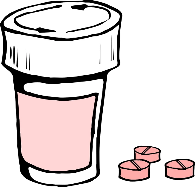 a pill bottle and pills on a black background, an illustration of, inspired by Masamitsu Ōta, pixabay, ((pink)), paper cup, isolated on white background, looking across the shoulder