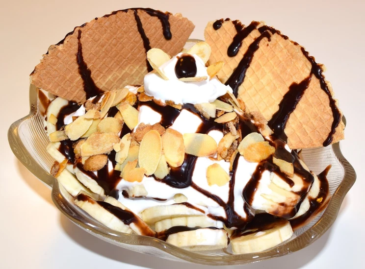 a banana split ice cream sundae with waffles and chocolate sauce, inspired by Joris van der Haagen, pixabay, renaissance, top - side view, prototype, chicken, despera