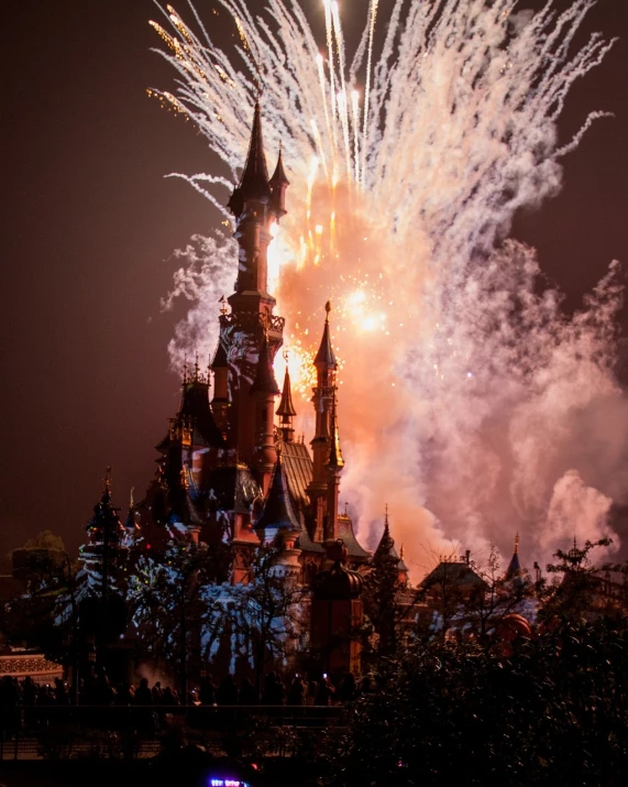 a castle with a lot of fireworks in the sky, a picture, by Etienne Delessert, chip 'n dale, telephoto shot, smoldering, ears