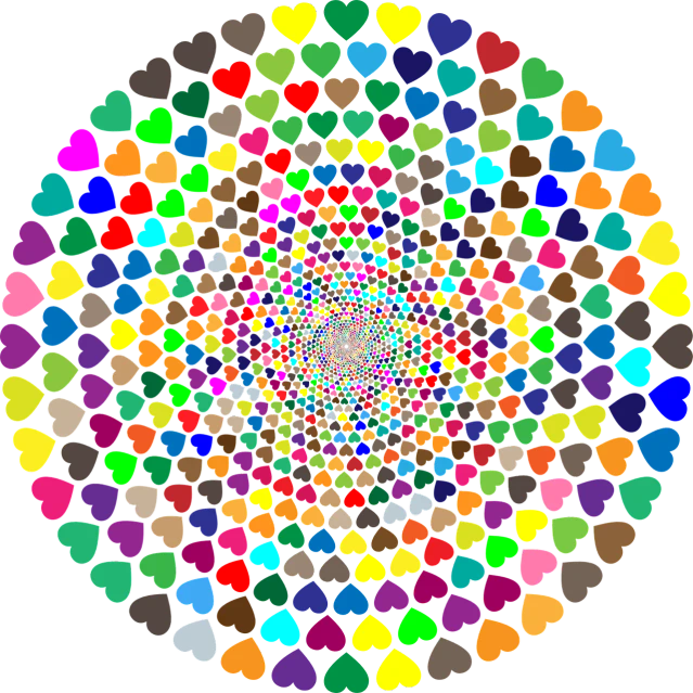 a multicolored circle of hearts on a black background, a mosaic, generative art, creating an optical illusion, all enclosed in a circle, spiralling, multicoloured