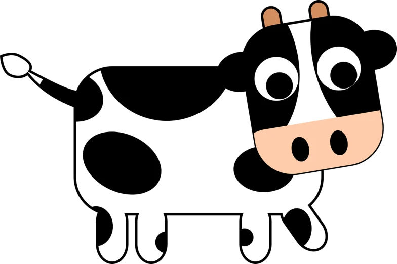 a cartoon cow standing in front of a black background, by Josef Čapek, pixabay, mingei, hiding, on white background, pattern, cartoon style illustration