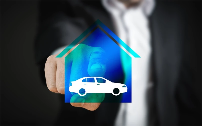 a man in a suit holding a house shaped like a car, a hologram, by Sam Black, pixabay, conceptual art, webdesign icon for solar carport, point finger with ring on it, car paint, 1 7 0 0 s