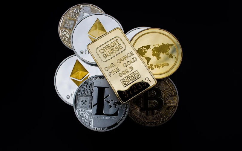 a pile of gold and silver coins sitting on top of each other, cryptopunk, digital asset, switzerland, goldsrc