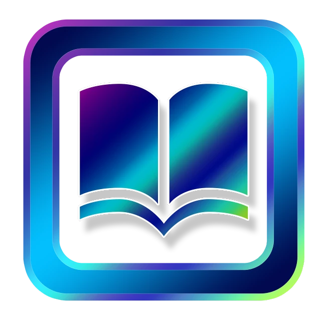 a book icon on a black background, a digital rendering, computer art, purple and blue and green colors, rounded corners, gradient blue black, full subject shown in photo
